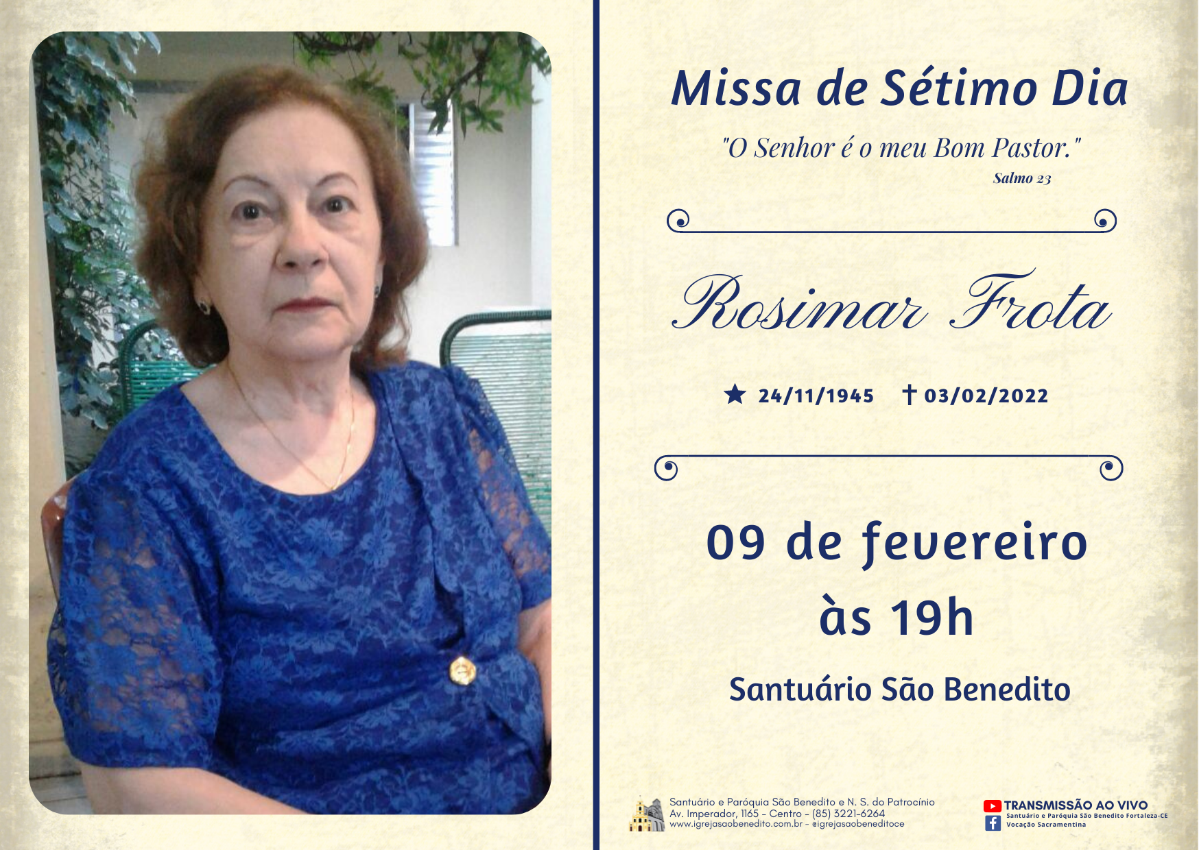 Convite Missa de 7º dia de Rosimar Frota (mãe do Padre Jackson Frota, sss – 09/02